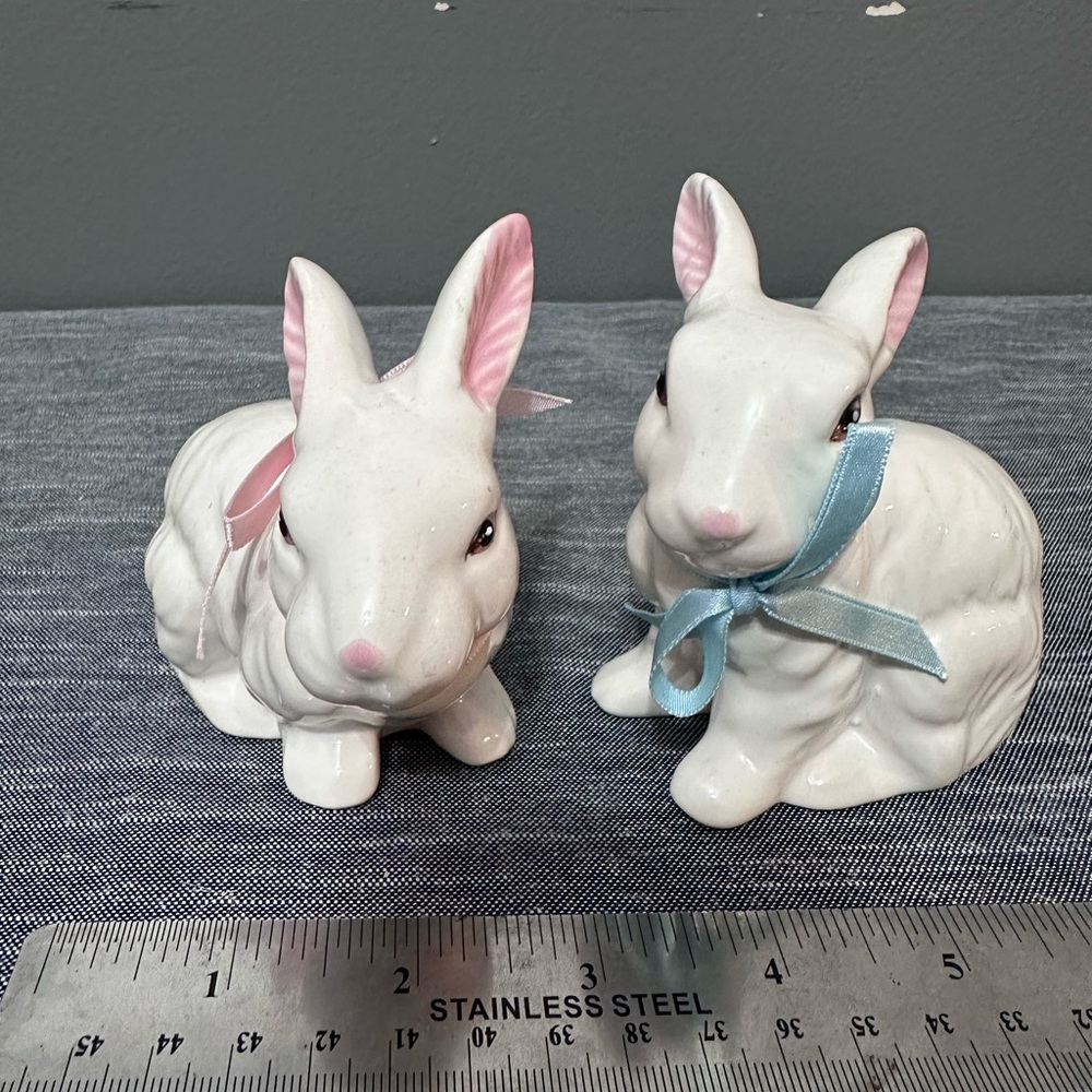 Vintage Enesco Bunny Set of 2 - Boy Blue Bow Girl Pink Bow - 7”  Rabbit Figurine